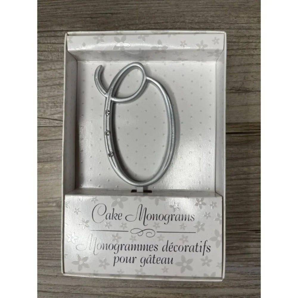 Wedding Small O Silver Finish Monogram Initial Rhinestones Cake Topper